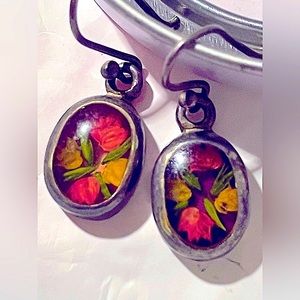 Vintage pressed flower earrings sterling silver one-of-a-kind 40s Pierced